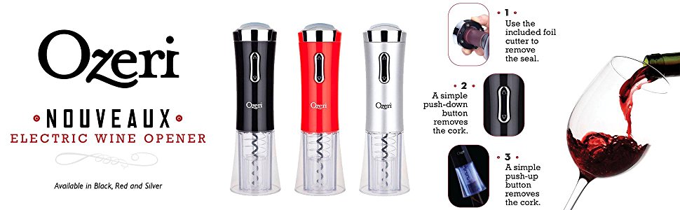 Ozeri OW02A-B Nouveaux Electric Wine Opener with Removable Free Foil Cutter, Elegant Black
