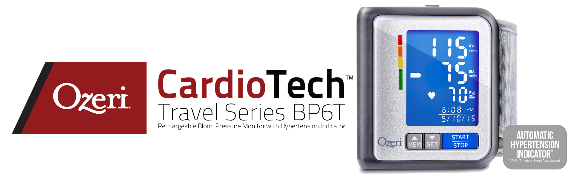 Ozeri CardioTech Travel Series BP6T Rechargeable Blood Pressure Monitor with Hypertension Indicator