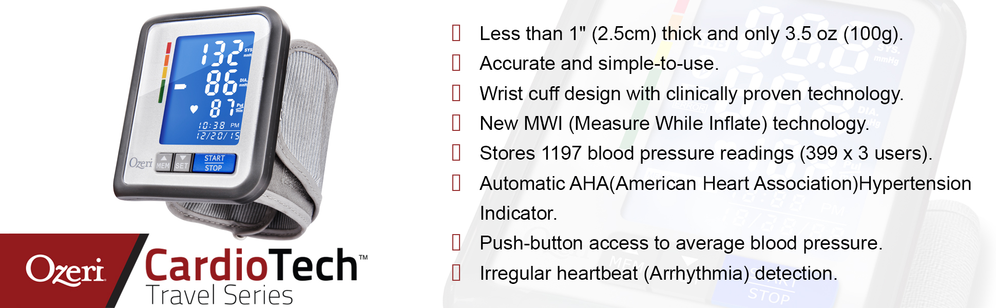 Ozeri CardioTech Travel Series BP6T Rechargeable Blood Pressure Monitor with Hypertension Indicator