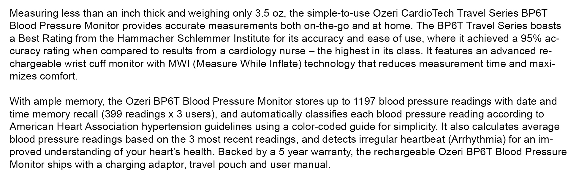 Ozeri CardioTech Travel Series BP6T Rechargeable Blood Pressure Monitor with Hypertension Indicator