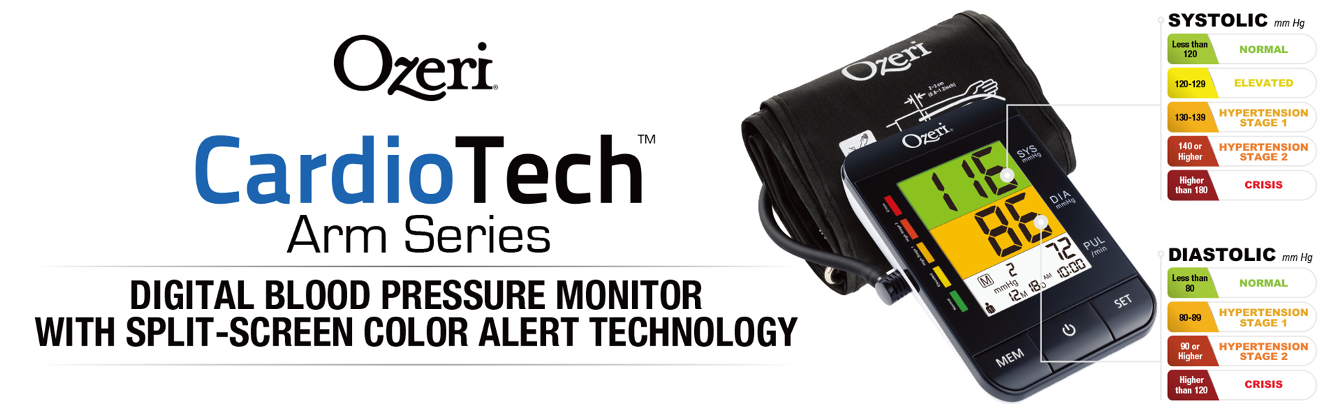 Ozeri BP9W Arm Blood Pressure Monitor with Split-Screen Hypertension Color Alert Technology