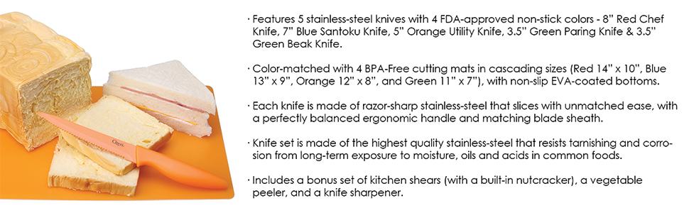 Ozeri Elite Chef 15-Piece Stainless Steel Knife & Cutting Mat Set, in Color