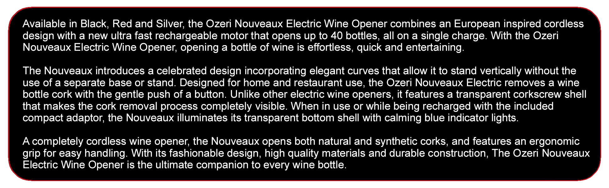 Ozeri Nouveaux Electric Wine Opener with Removable Free Foil Cutter, Stylish Red