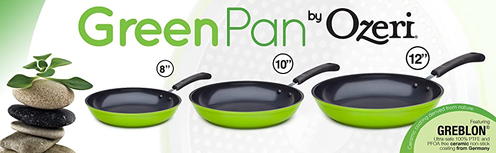 8 Green Ceramic Frying Pan by Ozeri, with Smooth Ceramic Non-Stick Coating  (100% PTFE and PFOA Free) 