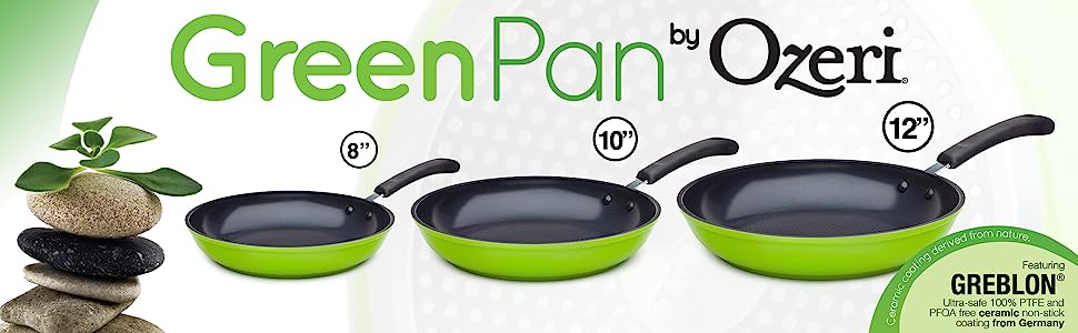  Green Ceramic Frying Pan 3-Piece Set by Ozeri (8, 10, 12) –  100% PTFE, PFC, APEO, GenX, NMP and NEP-Free German-Made Coating