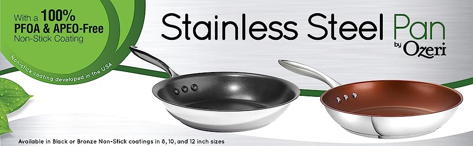 a 100% PFOA and APEO-Free Non-Stick Coating 8 Stainless Steel Earth Pan and Lid Set by Ozeri with ETERNA 