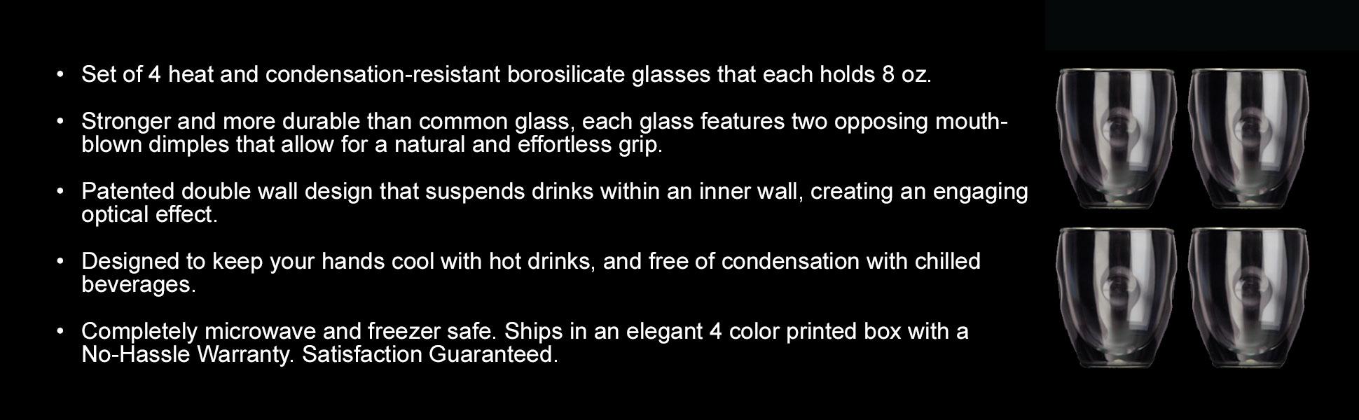 Curva Artisan Series Double Wall Beverage Glasses and Tumblers – Set of 4  Unique 8 oz Thermo Insulated Drinking Glasses